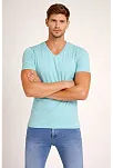 Erkek T-shirt V Yaka Slim Fit Dar Kesim Likralı Tişört Günlük Basic Body - Turkuvaz