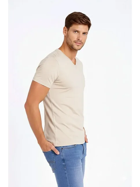 Erkek T-shirt V Yaka Slim Fit Dar Kesim Likralı Tişört Günlük Basic Body - Taş