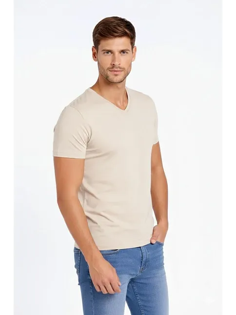 Erkek T-shirt V Yaka Slim Fit Dar Kesim Likralı Tişört Günlük Basic Body - Taş