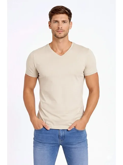 Erkek T-shirt V Yaka Slim Fit Dar Kesim Likralı Tişört Günlük Basic Body - Taş