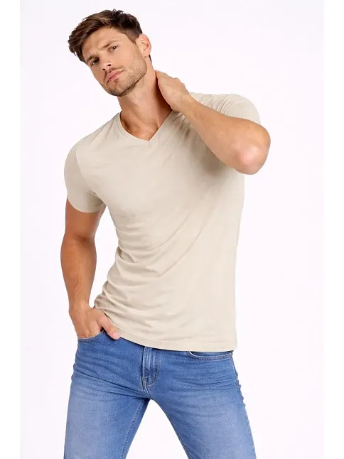 Erkek T-shirt V Yaka Slim Fit Dar Kesim Likralı Tişört Günlük Basic Body - Taş