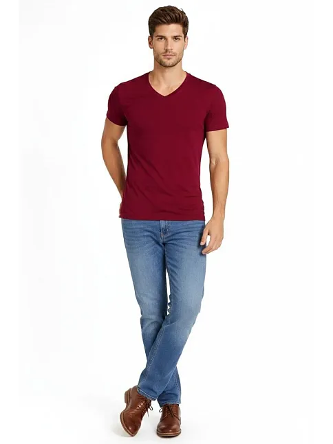 Erkek T-shirt V Yaka Slim Fit Dar Kesim Likralı Tişört Günlük Basic Body - Bordo