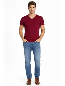 Erkek T-shirt V Yaka Slim Fit Dar Kesim Likralı Tişört Günlük Basic Body - Bordo