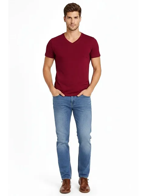 Erkek T-shirt V Yaka Slim Fit Dar Kesim Likralı Tişört Günlük Basic Body - Bordo