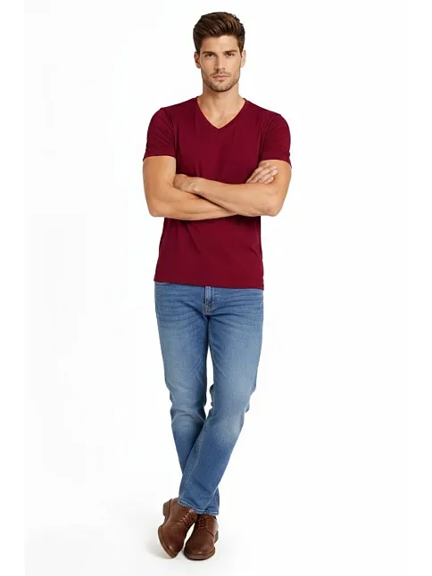 Erkek T-shirt V Yaka Slim Fit Dar Kesim Likralı Tişört Günlük Basic Body - Bordo