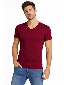 Erkek T-shirt V Yaka Slim Fit Dar Kesim Likralı Tişört Günlük Basic Body - Bordo