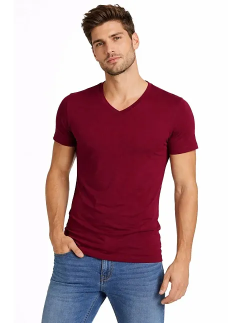 Erkek T-shirt V Yaka Slim Fit Dar Kesim Likralı Tişört Günlük Basic Body - Bordo