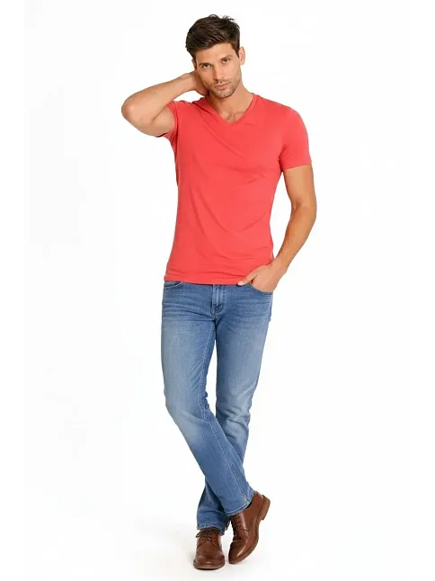Erkek T-shirt V Yaka Slim Fit Dar Kesim Likralı Tişört Günlük Basic Body - Nar Çiçeği