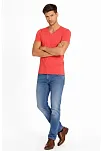 Erkek T-shirt V Yaka Slim Fit Dar Kesim Likralı Tişört Günlük Basic Body - Nar Çiçeği