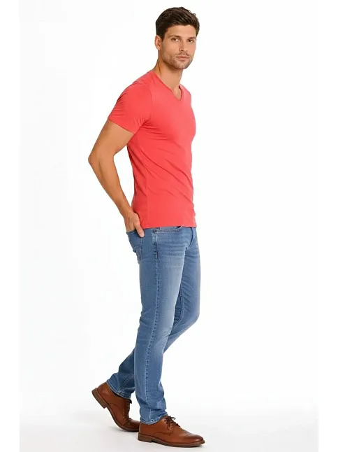 Erkek T-shirt V Yaka Slim Fit Dar Kesim Likralı Tişört Günlük Basic Body - Nar Çiçeği