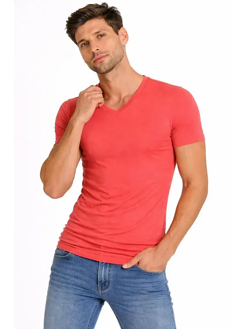 Erkek T-shirt V Yaka Slim Fit Dar Kesim Likralı Tişört Günlük Basic Body - Nar Çiçeği