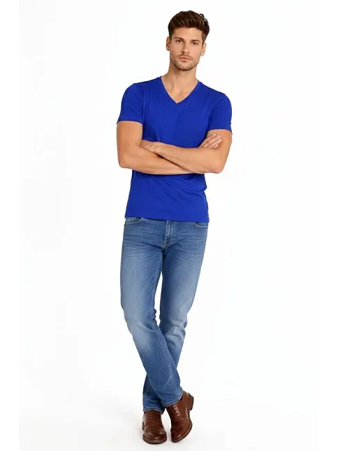Erkek T-shirt V Yaka Slim Fit Dar Kesim Likralı Tişört Günlük Basic Body - Saks Mavisi