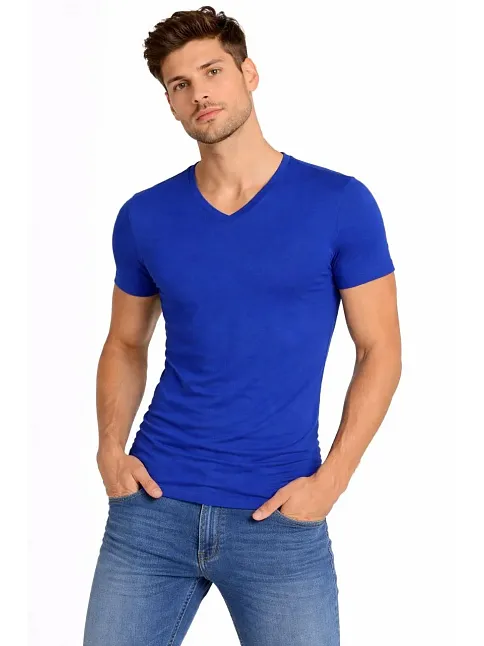 Erkek T-shirt V Yaka Slim Fit Dar Kesim Likralı Tişört Günlük Basic Body - Saks Mavisi