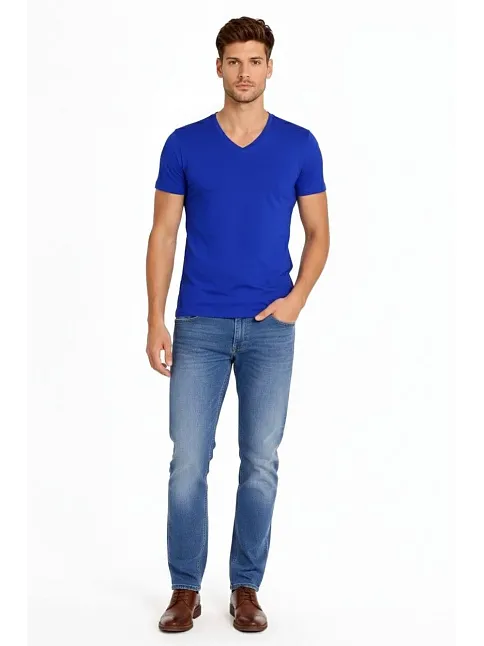 Erkek T-shirt V Yaka Slim Fit Dar Kesim Likralı Tişört Günlük Basic Body - Saks Mavisi