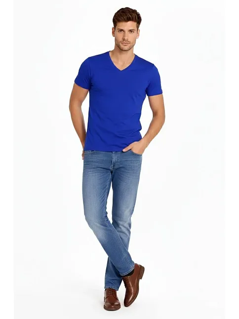 Erkek T-shirt V Yaka Slim Fit Dar Kesim Likralı Tişört Günlük Basic Body - Saks Mavisi