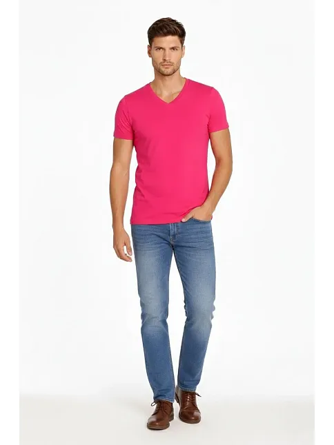 Erkek T-shirt V Yaka Slim Fit Dar Kesim Likralı Tişört Günlük Basic Body - Pembe