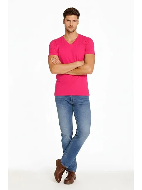 Erkek T-shirt V Yaka Slim Fit Dar Kesim Likralı Tişört Günlük Basic Body - Pembe