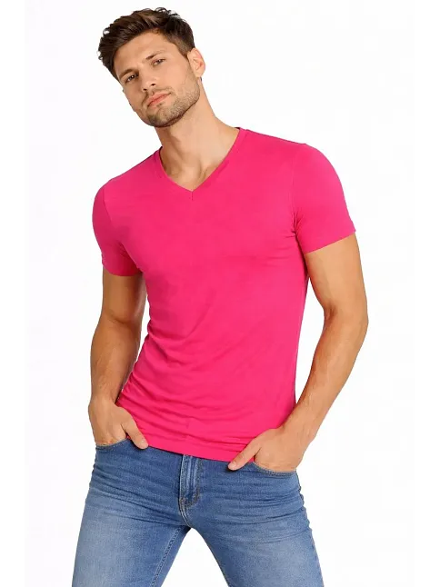Erkek T-shirt V Yaka Slim Fit Dar Kesim Likralı Tişört Günlük Basic Body - Pembe
