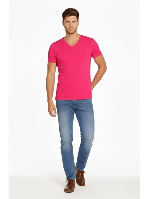 Erkek T-shirt V Yaka Slim Fit Dar Kesim Likralı Tişört Günlük Basic Body - Pembe