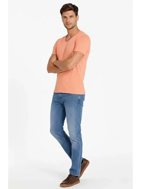 Erkek T-shirt V Yaka Slim Fit Dar Kesim Likralı Tişört Günlük Basic Body - Toz Pembe