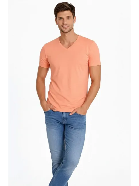 Erkek T-shirt V Yaka Slim Fit Dar Kesim Likralı Tişört Günlük Basic Body - Toz Pembe