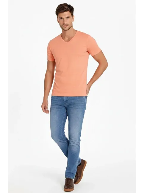 Erkek T-shirt V Yaka Slim Fit Dar Kesim Likralı Tişört Günlük Basic Body - Toz Pembe