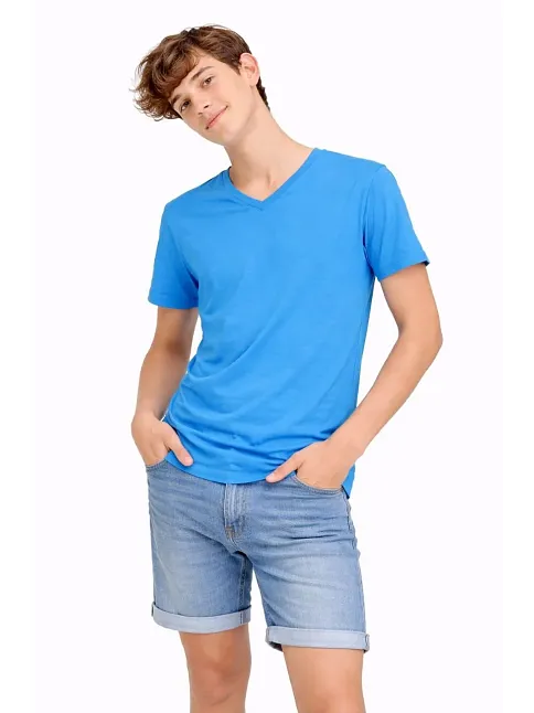 Genç Erkek Çocuk V Yaka Tişört Yazlık Model Günlük Basic Body - Açık Mavi