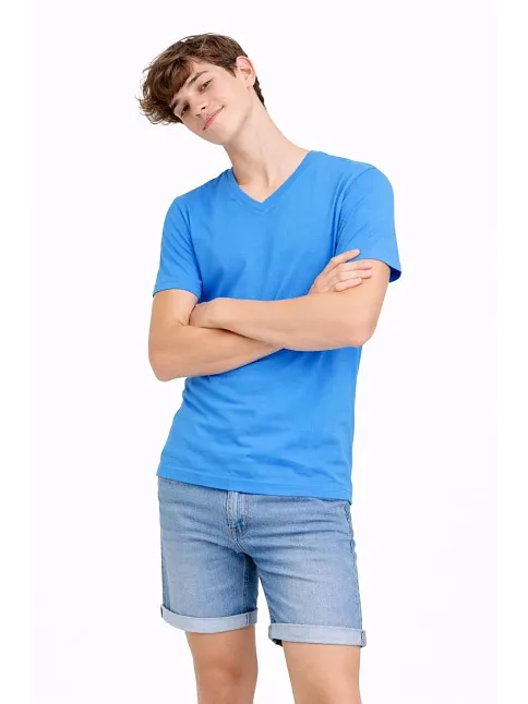 Genç Erkek Çocuk V Yaka Tişört Yazlık Model Günlük Basic Body - Açık Mavi