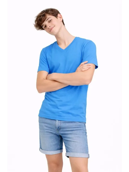 Genç Erkek Çocuk V Yaka Tişört Yazlık Model Günlük Basic Body - Açık Mavi