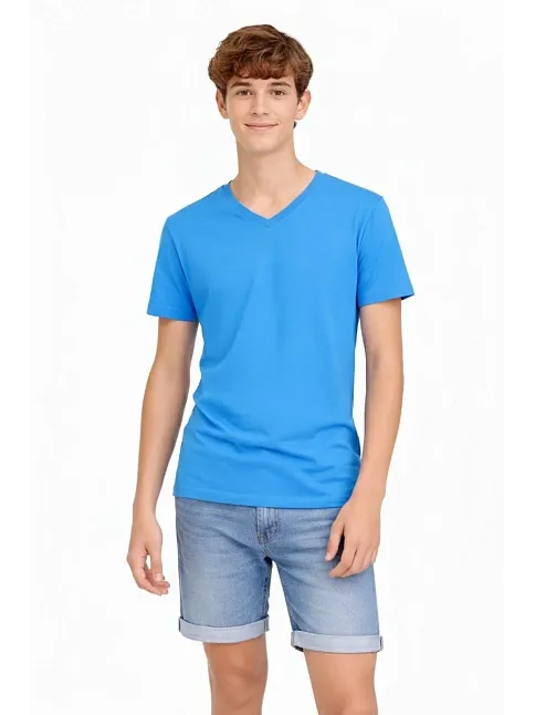 Genç Erkek Çocuk V Yaka Tişört Yazlık Model Günlük Basic Body - Açık Mavi