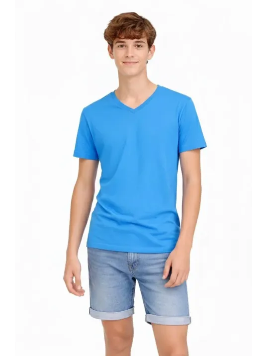 Genç Erkek Çocuk V Yaka Tişört Yazlık Model Günlük Basic Body - Açık Mavi