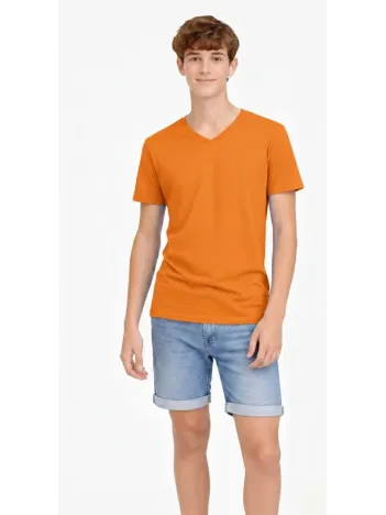 Genç Erkek Çocuk V Yaka Tişört Yazlık Model Günlük Basic Body - Turuncu