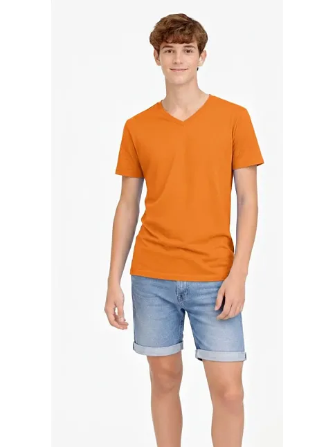Genç Erkek Çocuk V Yaka Tişört Yazlık Model Günlük Basic Body - Turuncu