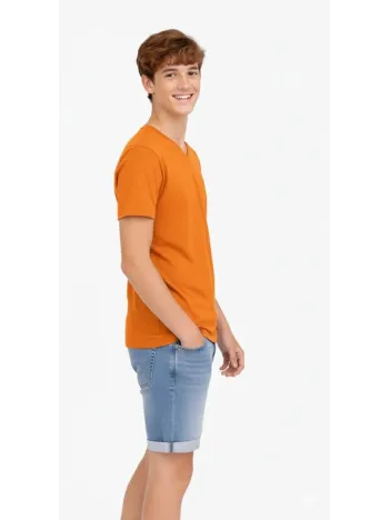 Genç Erkek Çocuk V Yaka Tişört Yazlık Model Günlük Basic Body - Turuncu