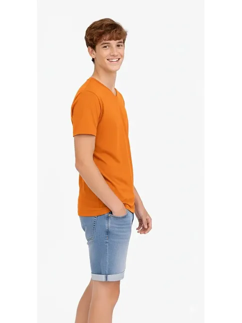 Genç Erkek Çocuk V Yaka Tişört Yazlık Model Günlük Basic Body - Turuncu
