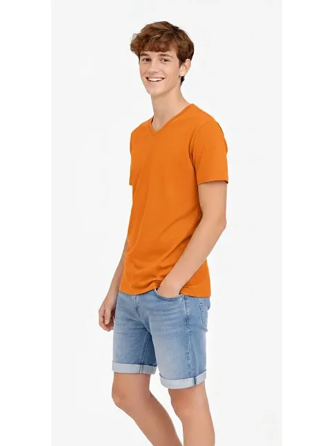 Genç Erkek Çocuk V Yaka Tişört Yazlık Model Günlük Basic Body - Turuncu