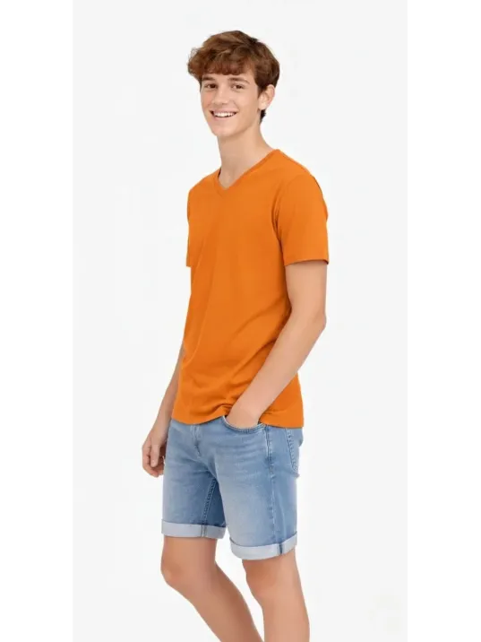 Genç Erkek Çocuk V Yaka Tişört Yazlık Model Günlük Basic Body - Turuncu