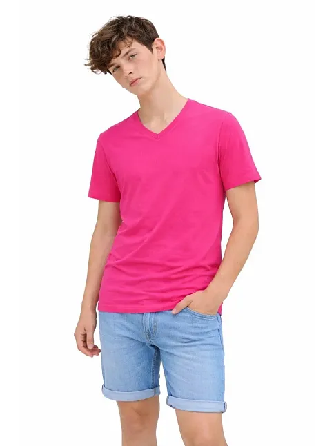 Genç Erkek Çocuk V Yaka Tişört Yazlık Model Günlük Basic Body - Pembe