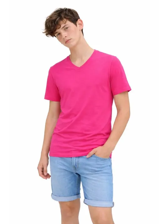 Genç Erkek Çocuk V Yaka Tişört Yazlık Model Günlük Basic Body - Pembe