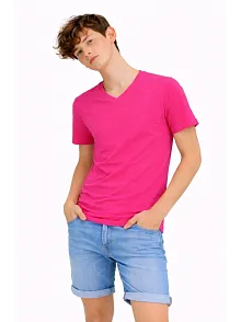 Genç Erkek Çocuk V Yaka Tişört Yazlık Model Günlük Basic Body - Pembe