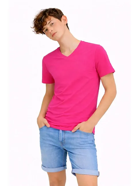 Genç Erkek Çocuk V Yaka Tişört Yazlık Model Günlük Basic Body - Pembe