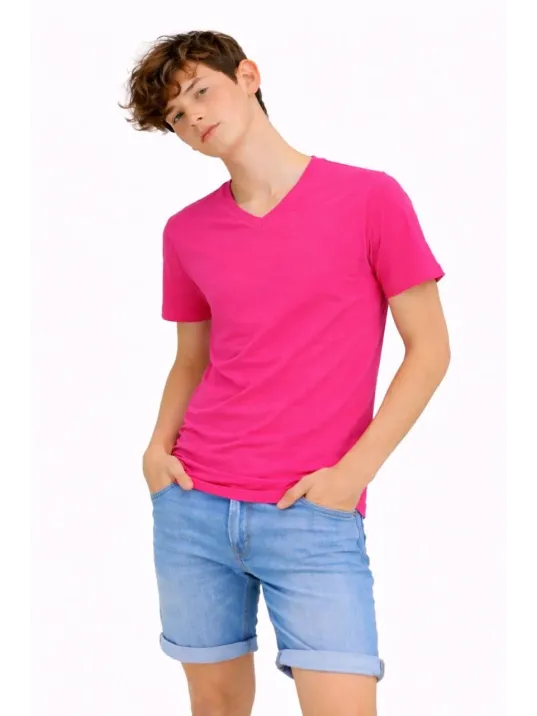 Genç Erkek Çocuk V Yaka Tişört Yazlık Model Günlük Basic Body - Pembe