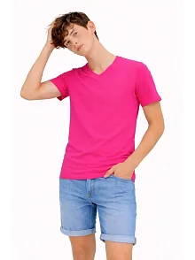 Genç Erkek Çocuk V Yaka Tişört Yazlık Model Günlük Basic Body - Pembe