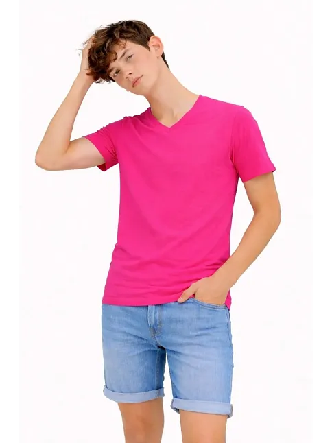 Genç Erkek Çocuk V Yaka Tişört Yazlık Model Günlük Basic Body - Pembe