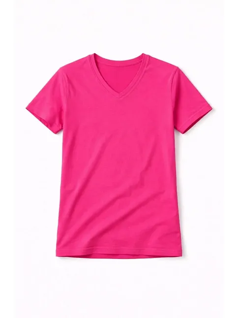 Genç Erkek Çocuk V Yaka Tişört Yazlık Model Günlük Basic Body - Pembe