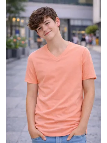 Genç Erkek Çocuk V Yaka Tişört Yazlık Model Günlük Basic Body - Toz Pembe