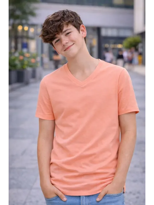 Genç Erkek Çocuk V Yaka Tişört Yazlık Model Günlük Basic Body - Toz Pembe Genç Erkek Çocuk V Yaka Tişört Yazlık Model Günlük Basic Body - Toz Pembe