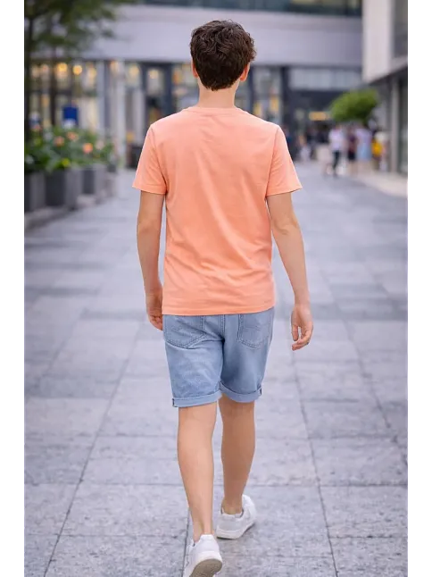 Genç Erkek Çocuk V Yaka Tişört Yazlık Model Günlük Basic Body - Toz Pembe