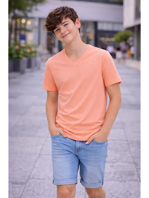 Genç Erkek Çocuk V Yaka Tişört Yazlık Model Günlük Basic Body - Toz Pembe