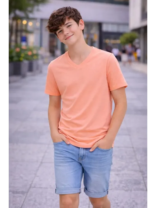 Genç Erkek Çocuk V Yaka Tişört Yazlık Model Günlük Basic Body - Toz Pembe Genç Erkek Çocuk V Yaka Tişört Yazlık Model Günlük Basic Body - Toz Pembe